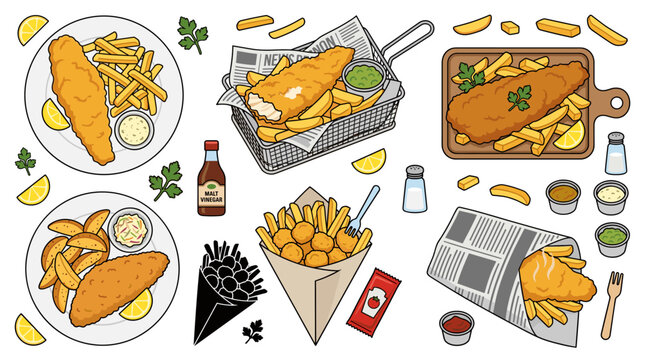 Professional vector collection featuring different styles of traditional Fish and Chips from London, England, classic battered fish with fries, crispy cod and chips, fried haddock with fries