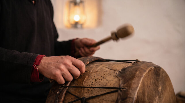 Up-close hands and a handcrafted festival drum