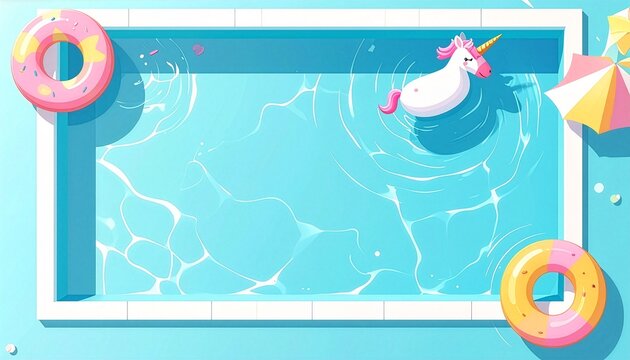 Swimming pool top view with unicorn float donut ring and beach umbrella, summer party concept
