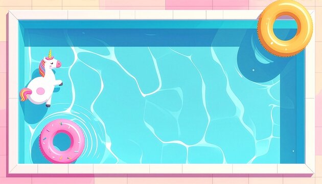 Swimming pool with unicorn float and donut ring on left side, summer leisure concept