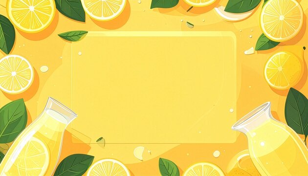Lemon slices and lemonade jars with rounded rectangle frame, fresh summer drink concept