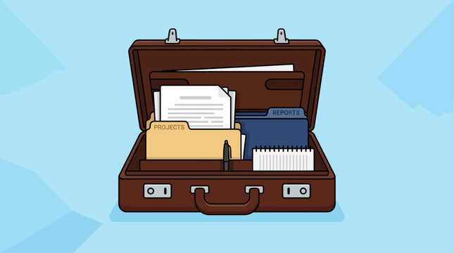 Professional business briefcase filled with organized folders AQ