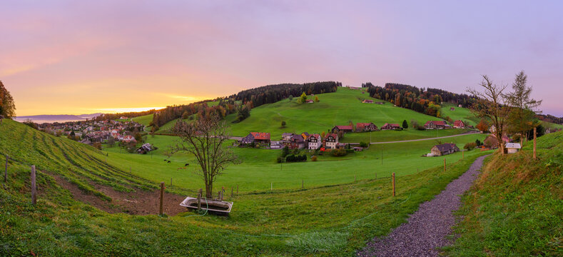 Sunrise panorama of countryside and Lake Constance, northeast Switzerland