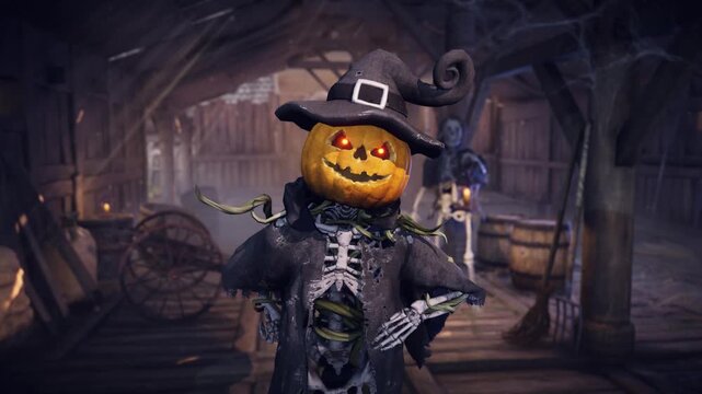 Funny 3D animation of Halloween pumpkin head skeleton talking and scaring in eerie haunted barn. Spooky background for holiday greeting cards, invitations, posters, and party events.