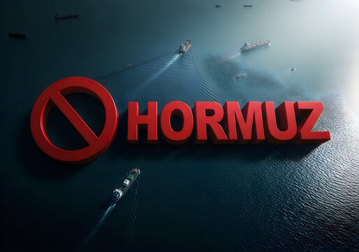 Strait of hormuz blockade concept with large red prohibition sign and shipping lanes geopolitical risk illustration