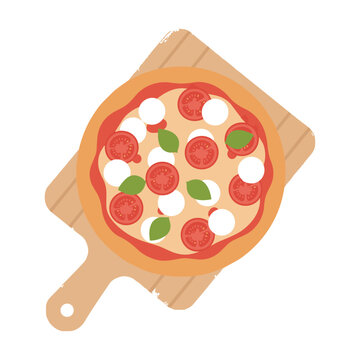 Flat margherita pizza with red tomato slices, mozzarella, and green basil on a wooden peel, delicious Italian food concept