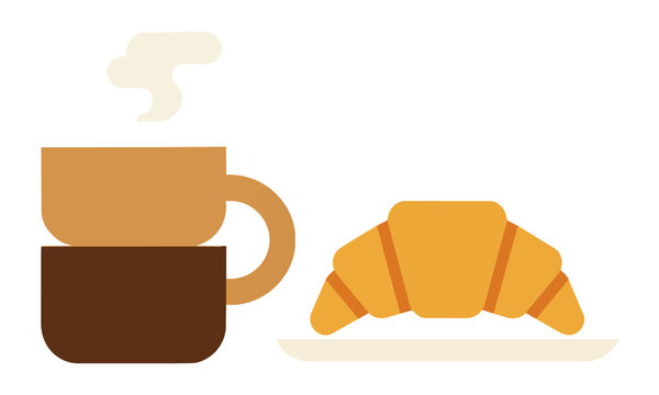 Steaming mug of coffee with a fresh croissant on a plate presented in a simple geometric flat design style for a cafe breakfast concept