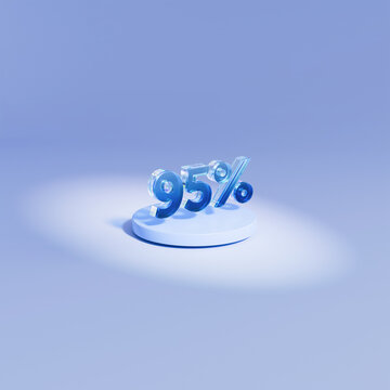 3D blue 95 percent discount sign on podium illuminated by a bright spotlight beam, ninety-five percent off sale banner with soft shadows on pastel background.
