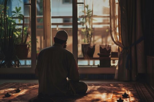 Muslim man praying on mat at home