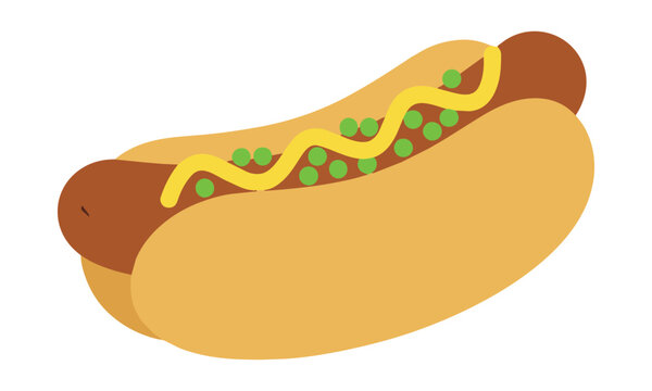 Gourmet hot dog with mustard and relish on a bun in flat minimalist design style food concept
