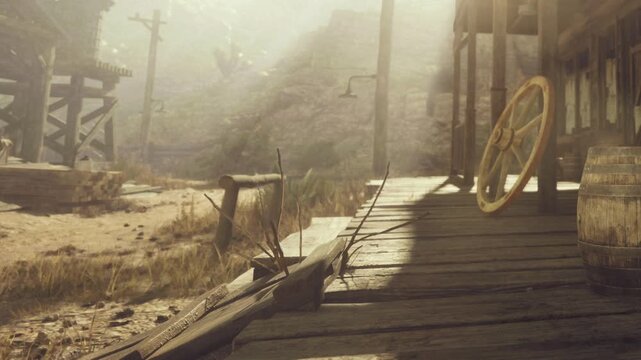 Sunlight filters through dusty air in a forgotten town. Weathered wooden planks creak underfoot as shadows dance between abandoned barrels and an old wheel, telling stories of the past.