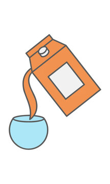 Minimalist icon of an orange juice carton pouring liquid into a glass with flat geometric shapes on a white background, beverage and healthy lifestyle concept