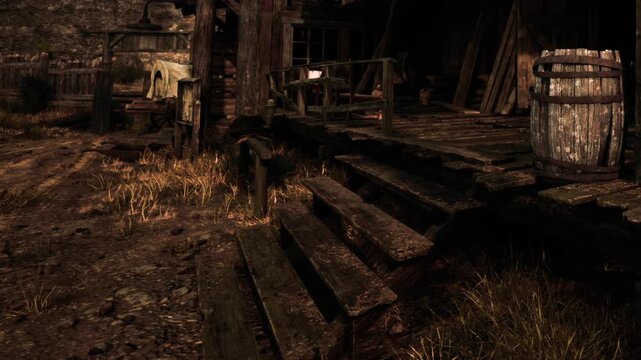 Dilapidated wooden steps lead up to an old cabin surrounded by tall grass and scattered debris. The scene captures the beauty of nature reclaiming a once lively homestead.