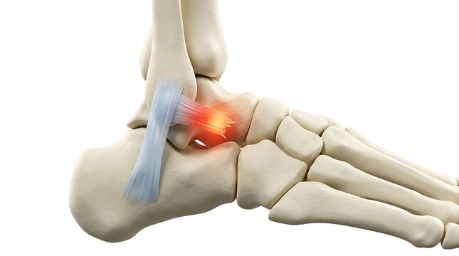 Medical illustration showing foot and ankle ligament injury pain with foot bones