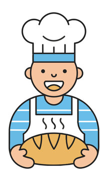 Minimalist icon of a cheerful baker wearing a chef hat holding a fresh artisan loaf of bread with steam rising isolated on white background culinary concept