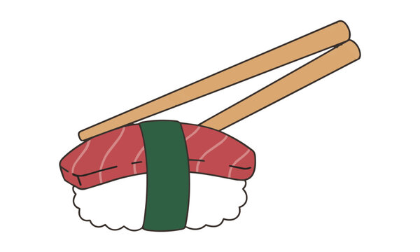 Tuna nigiri sushi lifted by chopsticks, simple flat design, clean colors, isolated on white. Japanese cuisine concept
