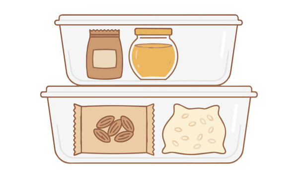 Stacked transparent food storage containers filled with stylized pantry staples like rice, honey, and oats, minimal design on white, Kitchen organization concept
