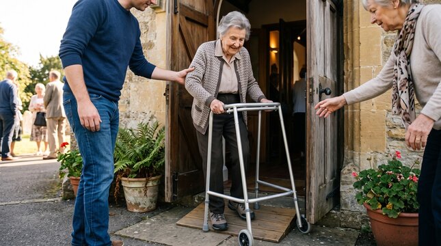 Elderly woman with walker assisted by younger people entering building with help