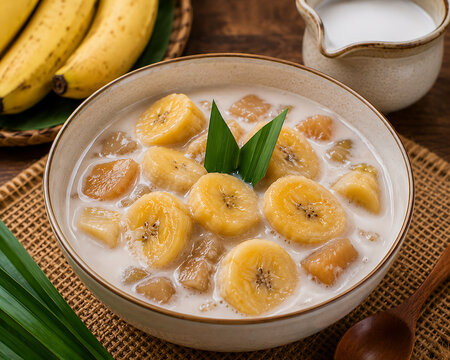 Sweet Coconut Banana Kolak with Pandan Leaves, Indonesian Culinary Delight, Delicious Traditional Southeast Asian Snack, Served Warm, A Soothing Sweet Treat, Kitchen Scene with Fruits
