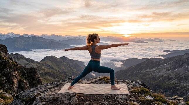 Woman practicing yoga warrior pose on mountain peak above clouds at sunrise