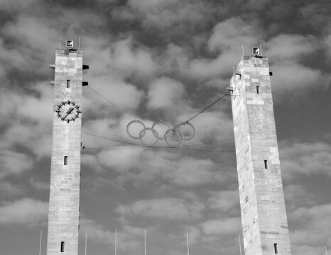 Olympiastadion Berlin Germany the twin pylons at the stadium's Olympic Gate entrance. The southern tower is the Bayernturm (Bavarian tower), and the Preussenturm (Prussian Tower)