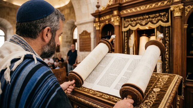 Man in prayer shawl reads from a Torah scroll in a synagogue