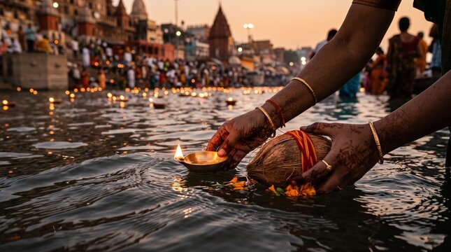 Devotee Offers Coconut and Lamp to Sacred River Ganges at Dusk with Floating Diyas