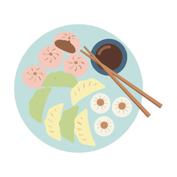 Assortment of steamed and pan fried japanese dumplings including gyoza and baozi served with soy sauce on a plate culinary culture concept
