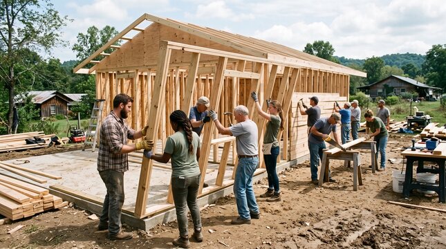 Diverse group of people working together to build a wooden house frame outdoors