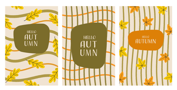 Set of modern autumn greeting cards with hand-drawn leaves, wavy lines and striped patterns. Seasonal templates for posters, invitations, social media, branding and fall promotions.