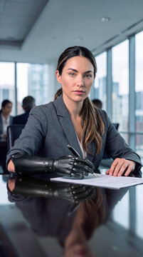 Businesswoman with a myoelectric prosthetic hand signing a contract in a corporate boardroom