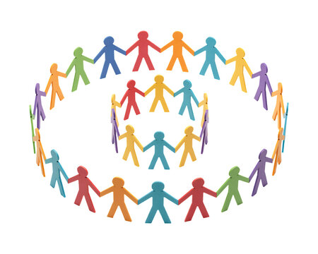 Circle of colorful paper people holding hands representing global png