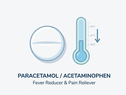 Paracetamol and acetaminophen medical graphic showing a white pill alongside a thermometer indicating fever reduction and effective pain relief treatment.