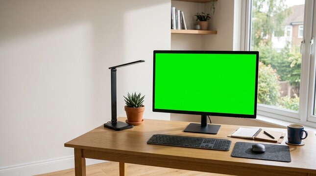  Desktop computer on wooden table next to window with chroma key green screen.