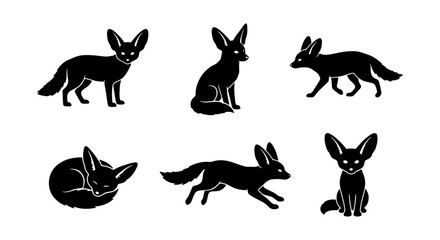 Obraz premium Fennec Fox Silhouettes, Desert Animal Icons, Cute Wildlife Vector Set, Black and White Graphic Collection