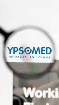 Milan, Italy 2026, 15 AGO Closeup of Ypsomed website page on a laptop screen. Focus on Ypsomed logo under a magnifying glass.