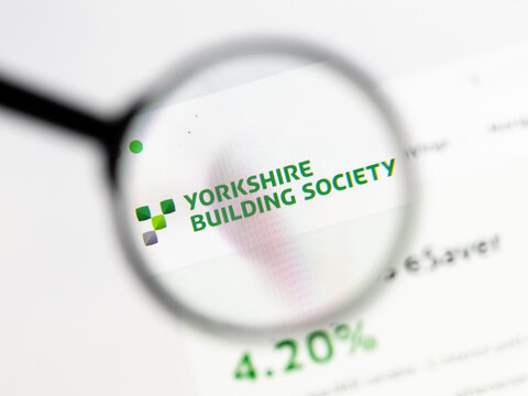 Milan, Italy 2026, 15 AGO Closeup of Yorkshire Building Society website page on a laptop screen. Focus on Yorkshire Building Society logo under a magnifying glass.