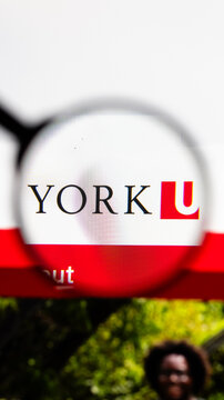 Milan, Italy 2026, 15 AGO Closeup of York University Canada website page on a laptop screen. Focus on York University Canada logo under a magnifying glass.