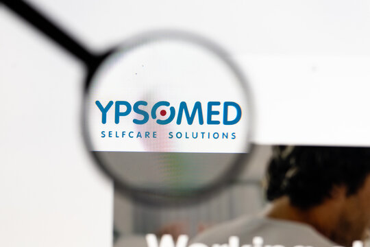 Milan, Italy 2026, 15 AGO Closeup of Ypsomed website page on a laptop screen. Focus on Ypsomed logo under a magnifying glass.