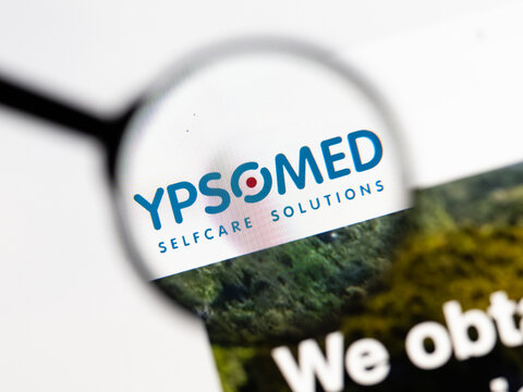 Milan, Italy 2026, 15 AGO Closeup of Ypsomed website page on a laptop screen. Focus on Ypsomed logo under a magnifying glass.