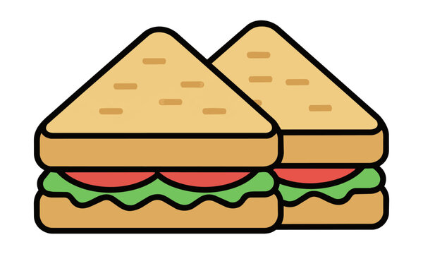 Minimalist flat icon of a toasted triangular sandwich with green lettuce and red tomato on a white background fast food and snack concept