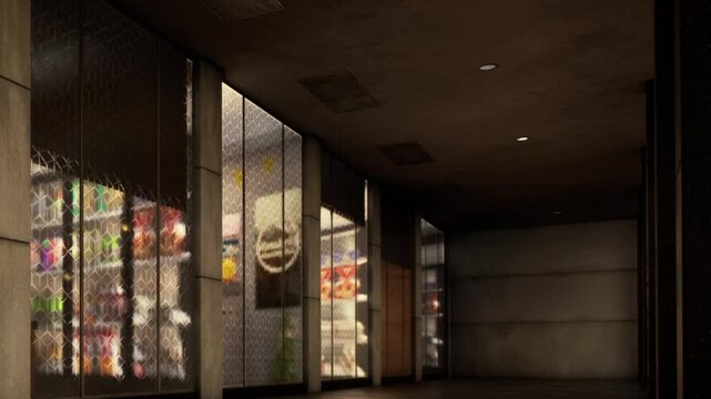A quiet urban corridor showcases soft lighting as shadows dance on the walls. Vending machines with colorful snacks stand ready, hinting at a moment of indulgence and convenience.