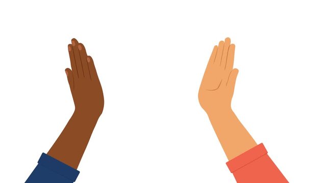 Two Multicultural Hands Move Together For A High Five With Colorful Confetti, Teamwork, Friendship, Diversity, Agreement, Celebration And Shared Success. Flat Design Animation 