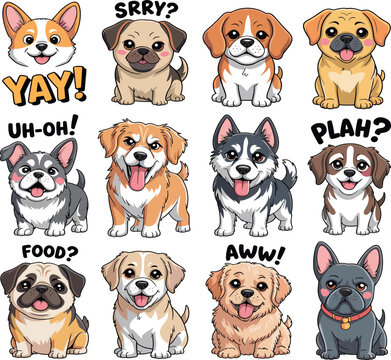 Cartoon illustration of twelve different dog breeds with expressive faces and speech bubbles, dogs, puppies, corgi, pug, beagle, labrador