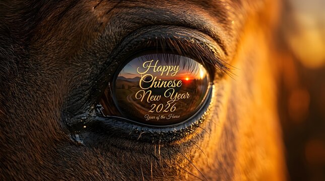  Close-Up Horse Eye Reflecting Chinese New Year 2026 Celebration and Festive Golden Decorations