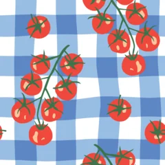 Red cherry tomatoes, blue and white gingham background. Vector illustration. Seamless pattern. Summer trendy print. Italian vegetable garden. Tablecloth design © ojardin