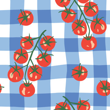 Red cherry tomatoes, blue and white gingham background. Vector illustration. Seamless pattern. Summer trendy print. Italian vegetable garden. Tablecloth design