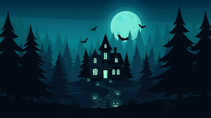 Fototapeta premium Art of mysterious house among pine tree silhouettes and glowing jack o lanterns