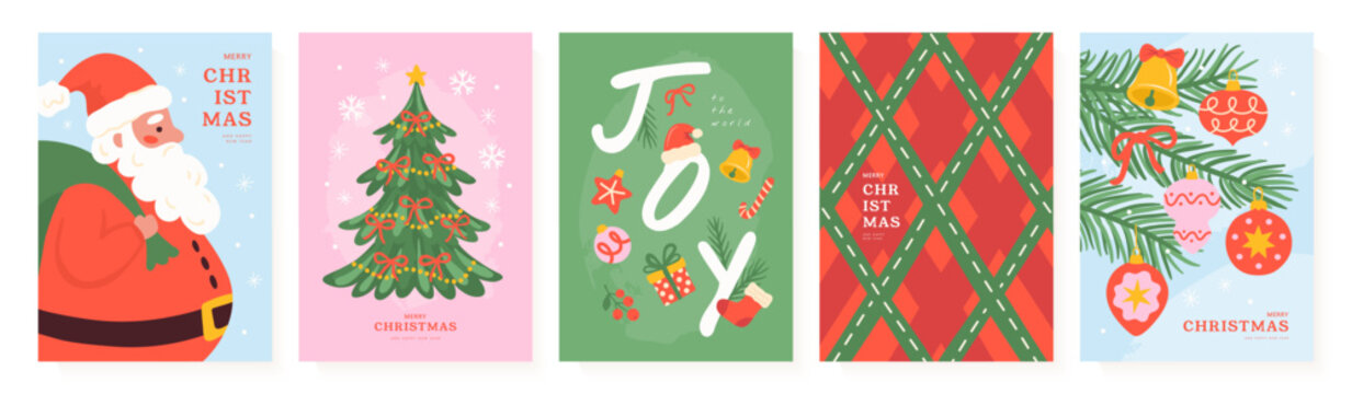 Set of Christmas card designs in a modern flat illustrative style with soft textures. Featuring cute Santa Claus character, decorated fir tree, ornaments and baubles for winter holiday greetings, vect