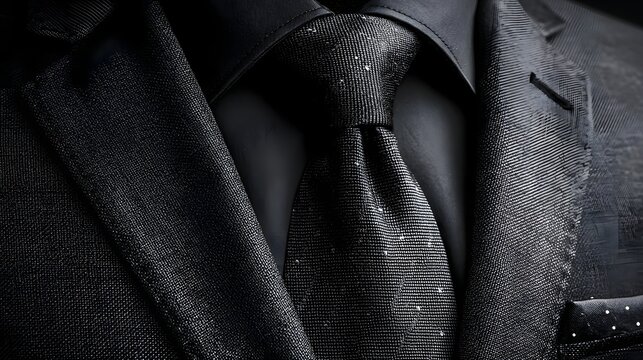 A close-up view of a high-end black suit with a textured tie and pocket square. This professional attire represents luxury and corporate success.